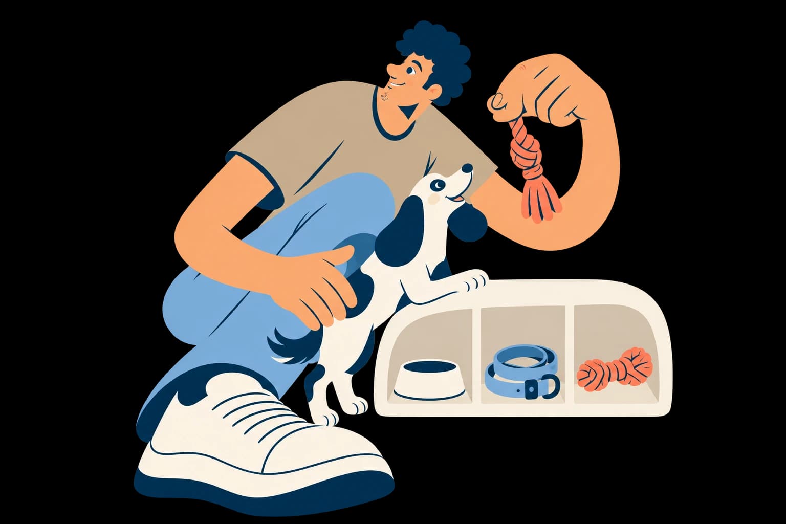 A man and dog choosing from a small collection of pet essentials