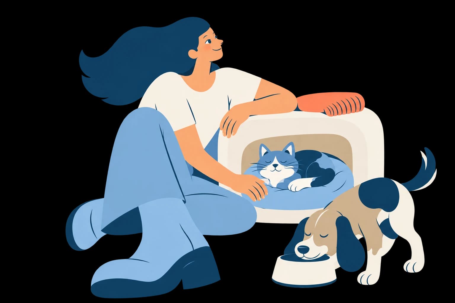 A woman arranging a comfortable cat bed at home while a dog drinks from a bowl
