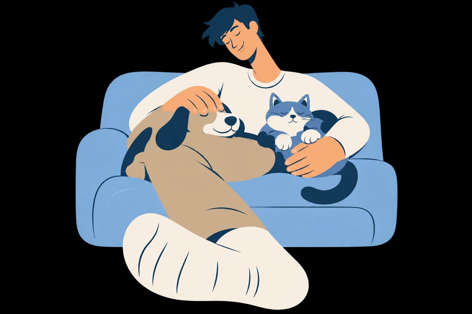A man sharing the sofa with his dog and cat