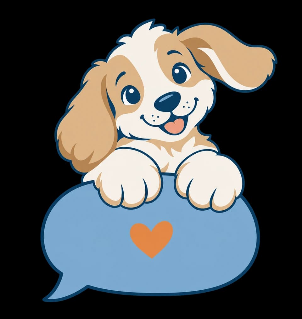 A friendly puppy resting its paws on a blue speech bubble with an orange heart